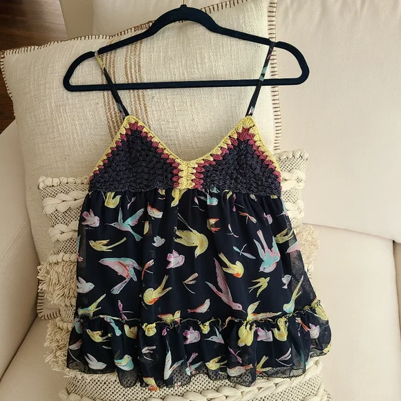 Chelsea & Violet Blue and Yellow Bird Corchet Ruffle Top - Picture 1 of 2